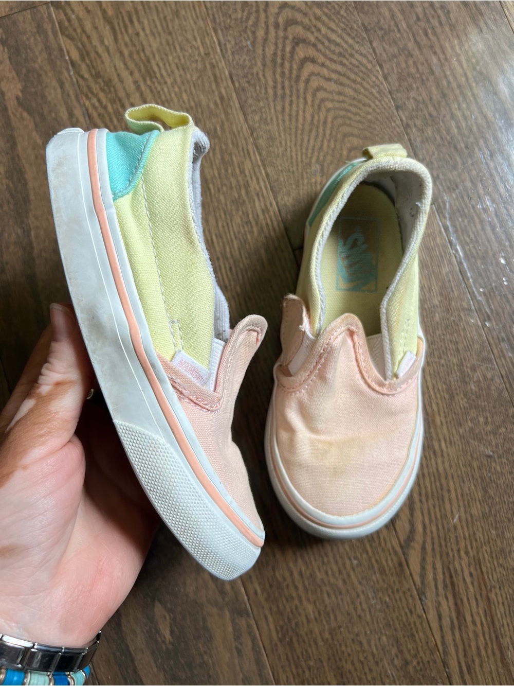 Vans Kids Slip-On Pastel Canvas Shoes - Peach, Yellow & Teal kids size 10